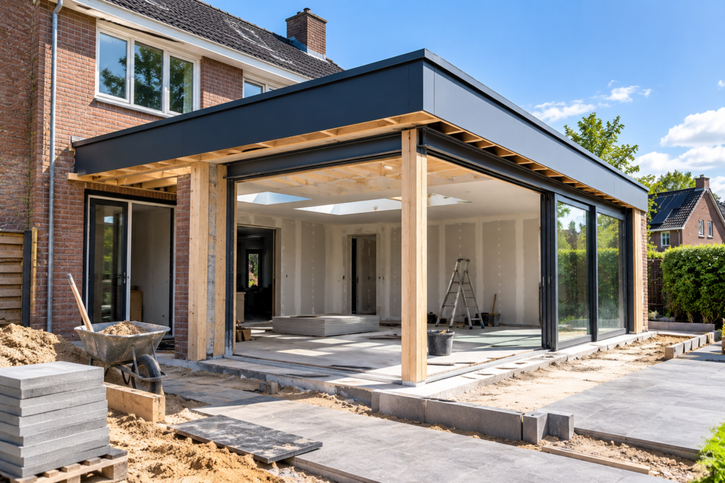 Aanbouw aan een woning tijdens de bouw