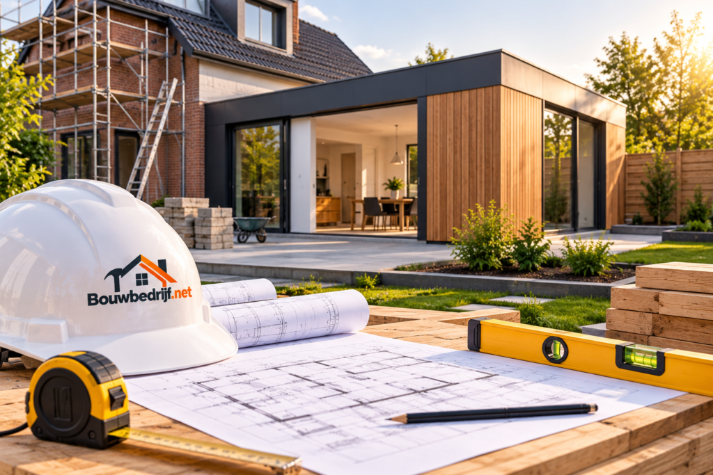 Bouwproject met aanbouw, bouwtekeningen en gereedschap